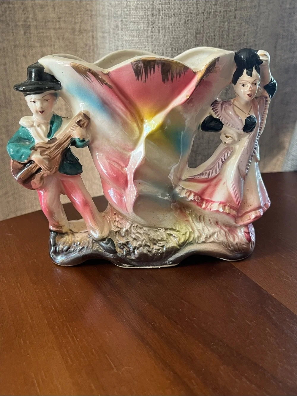 Vintage Japanese Hand painted Luster Flamenco Couple  Vase  art deco